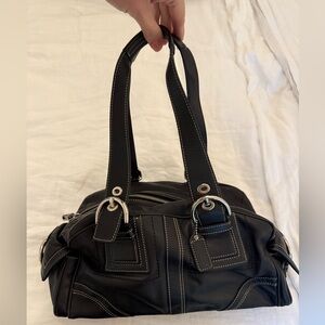 Coach Vintage Leather Black Shoulder Bag with Stitch Detail
